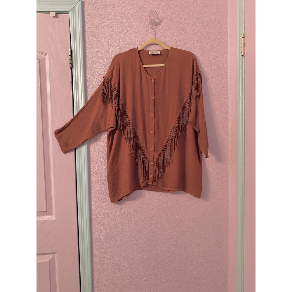 Vtg Nomad Western Frontier Top Womens 2X Fringe Button Up Lagenlook Prairie Boho